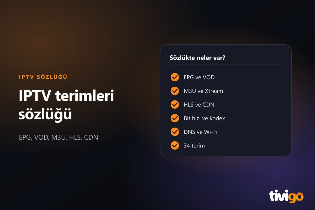 IPTV terimleri sözlüğünden EPG, VOD, M3U ve HLS başlıklarını gösteren liste